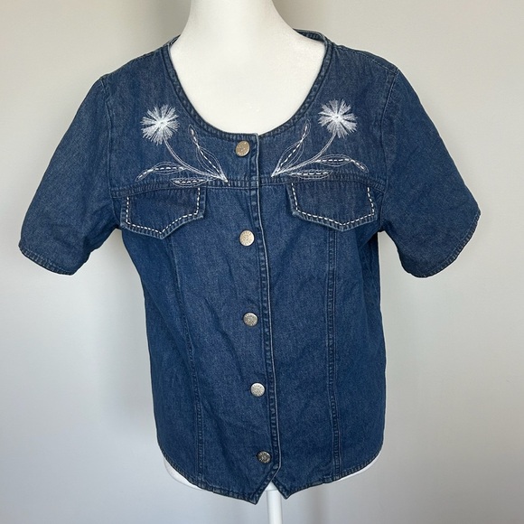 Susan Bristol Vintage 90s Short Sleeve Denim Top with Embroidery - Picture 1 of 7
